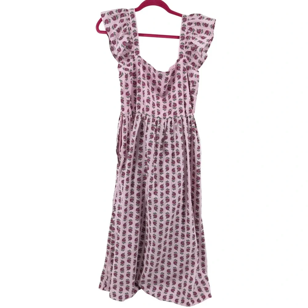 J.Crew Dress Ruffle Sleeve Midi 14 Pink Floral Womens Summer Cotton CI215